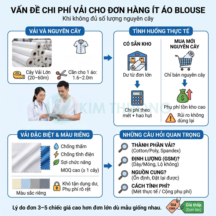 Cuộn vải may áo blouse và các yếu tố khiến đơn 3–5 chiếc đắt hơn, như mua nguyên cây, màu riêng và phụ phí tồn kho