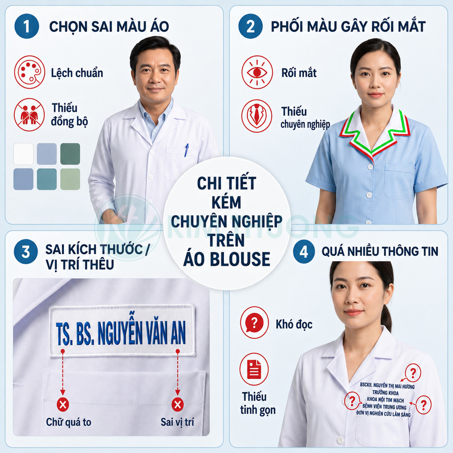 Các lỗi thường gặp khi thiết kế áo blouse y tế như chọn sai màu, phối màu rối mắt, thêu sai và ghi quá nhiều thông tin