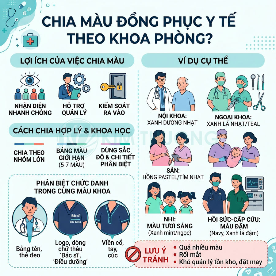 Infographic chia màu đồng phục y tế theo khoa phòng và chức danh bác sĩ, điều dưỡng