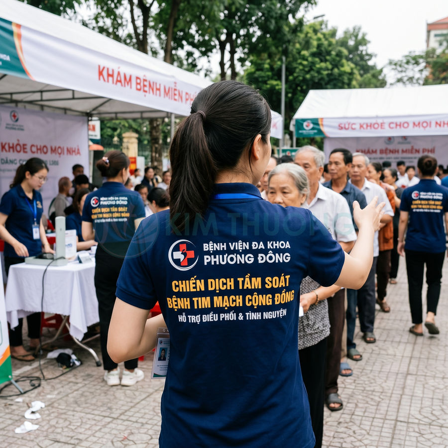 Nhân viên Bệnh viện Đa khoa Phương Đông hướng dẫn người dân xếp hàng khám bệnh tim mạch miễn phí