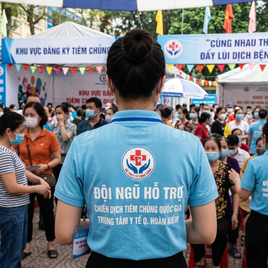 Nhân viên đội ngũ hỗ trợ tiêm chủng mặc áo xanh điều phối người dân xếp hàng chờ tiêm vaccine