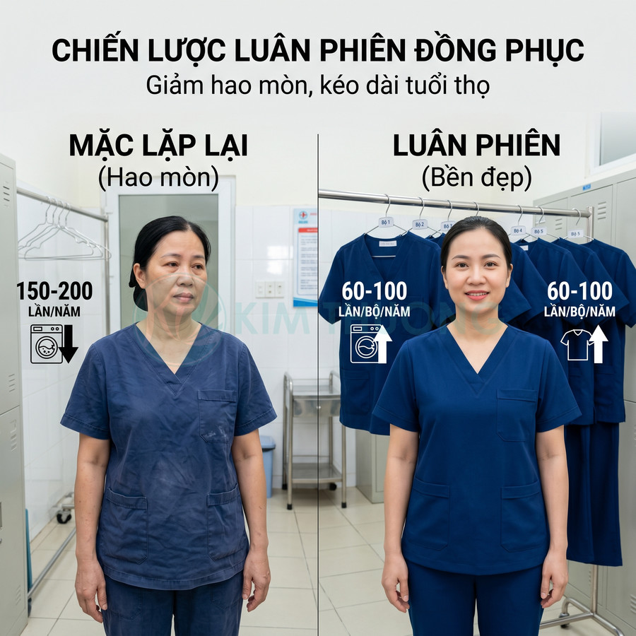 So sánh đồng phục y tế cũ bạc màu do giặt nhiều với đồng phục y tế mới được luân phiên bền đẹp hơn