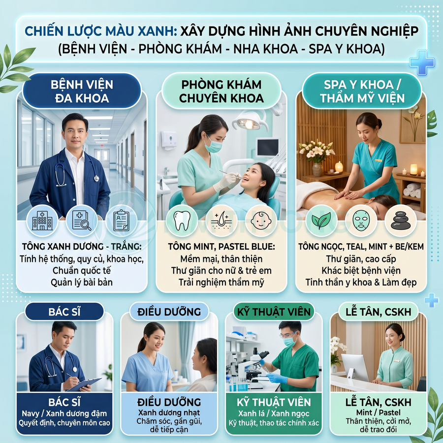 Thiết kế màu sắc đồng phục xanh cho bệnh viện, phòng khám, nha khoa và spa y khoa, thể hiện hình ảnh chuyên nghiệp