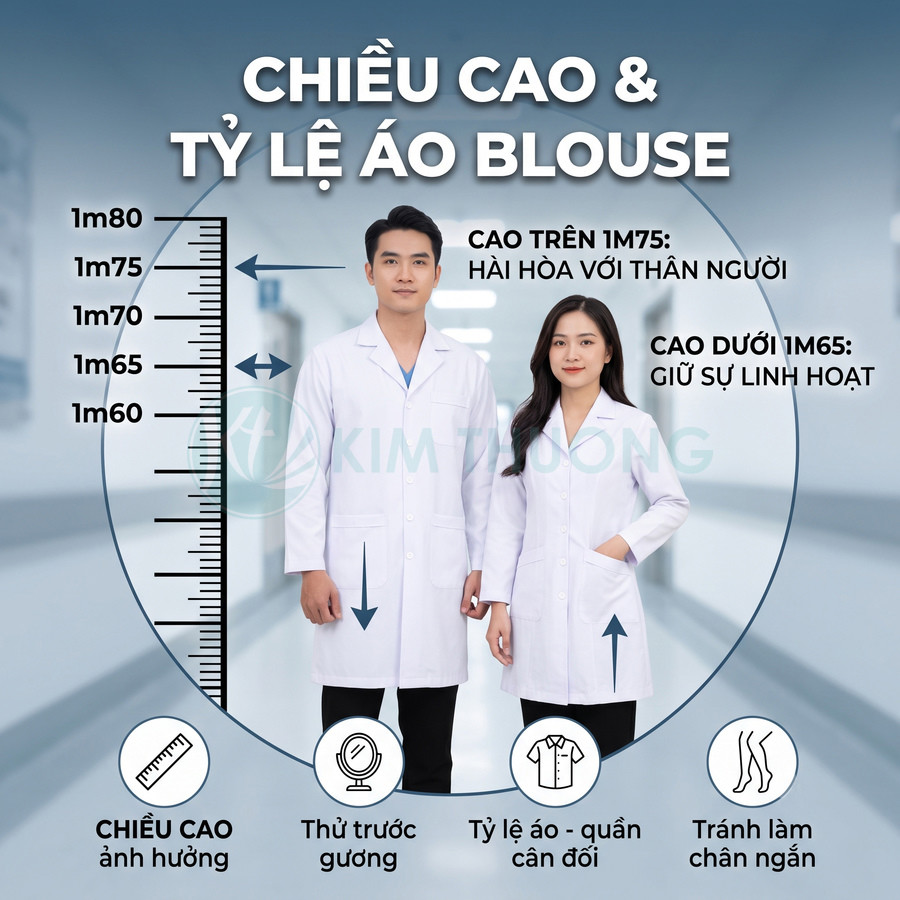 Hai bác sĩ mặc áo blouse trắng đứng trong hành lang bệnh viện với thước đo chiều cao bên cạnh