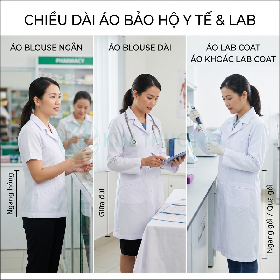 Ba mẫu áo blouse y tế trắng ngắn, dài và áo khoác lab coat cho nhân viên y tế trong phòng khám và phòng lab
