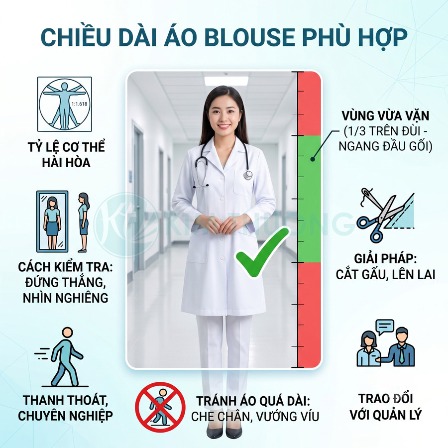 Bác sĩ nữ mặc áo blouse trắng dài vừa vặn trong bệnh viện, minh họa chiều dài áo blouse chuẩn