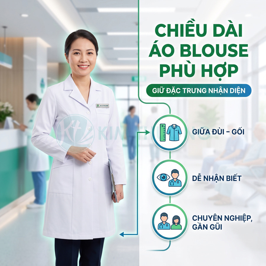 Bác sĩ mặc áo blouse trắng dài chuẩn y khoa đứng trong bệnh viện hiện đại, tay cầm hồ sơ bệnh án