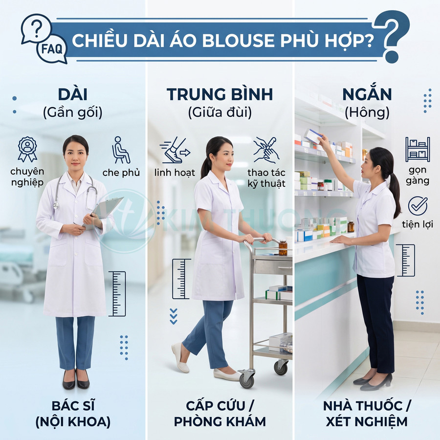 So sánh các kiểu áo blouse dài, trung bình và ngắn cho bác sĩ, điều dưỡng và nhân viên nhà thuốc