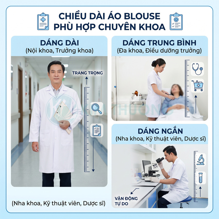 So sánh các kiểu áo blouse trắng dài, trung bình và ngắn cho bác sĩ, điều dưỡng và kỹ thuật viên trong bệnh viện