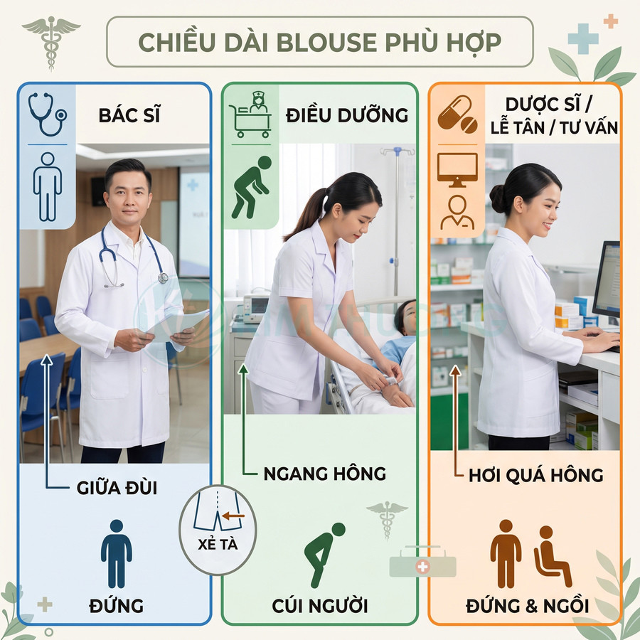 Blouse trắng cho bác sĩ, điều dưỡng, dược sĩ với các độ dài khác nhau phù hợp tư thế đứng, cúi người và làm việc văn phòng