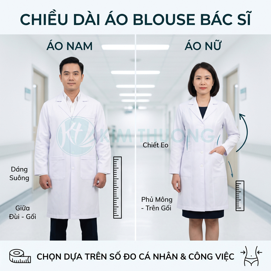 Áo blouse bác sĩ nam nữ màu trắng dáng dài, form suông cho nam và chiết eo cho nữ trong hành lang bệnh viện