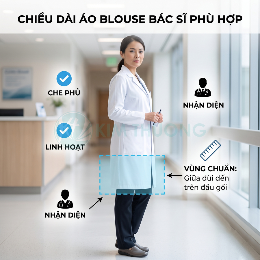 Bác sĩ nữ mặc áo blouse trắng dài chuẩn giữa đùi đến trên đầu gối trong hành lang bệnh viện
