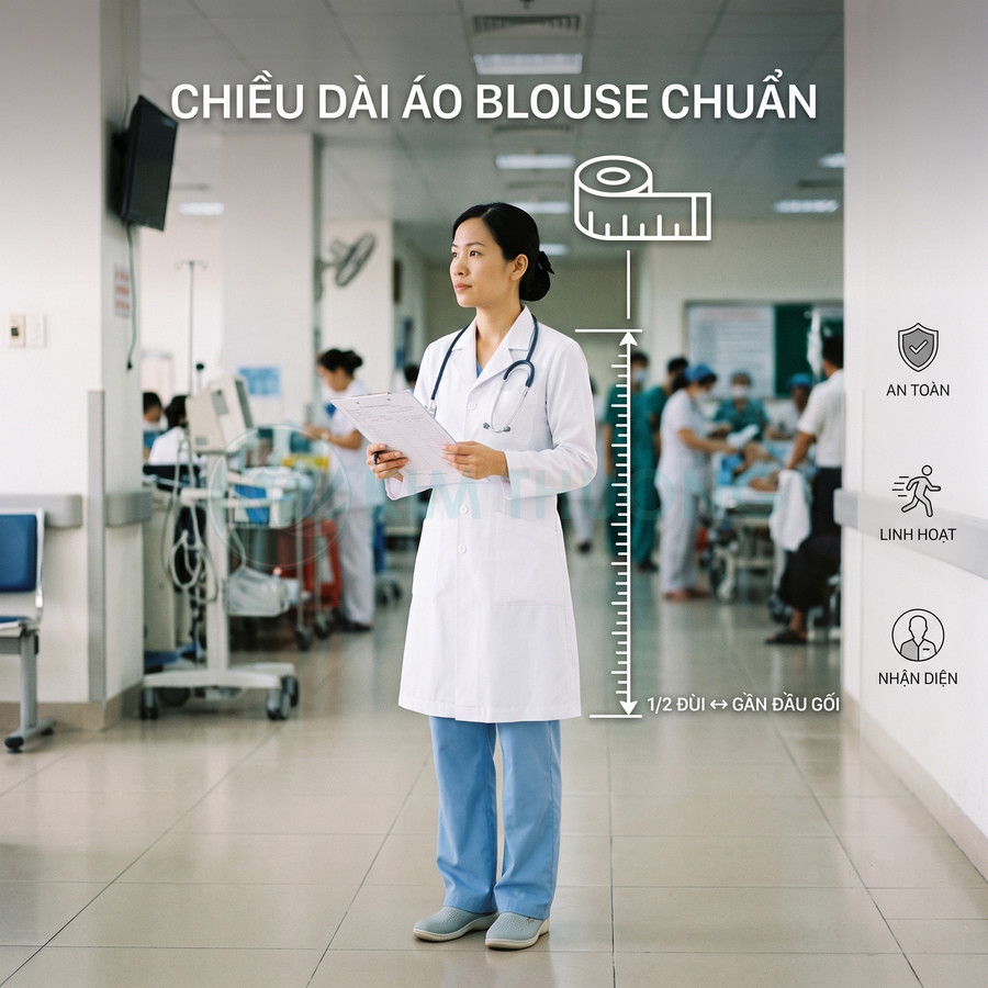 Bác sĩ nữ mặc áo blouse trắng dài chuẩn trong bệnh viện, tay cầm hồ sơ bệnh án