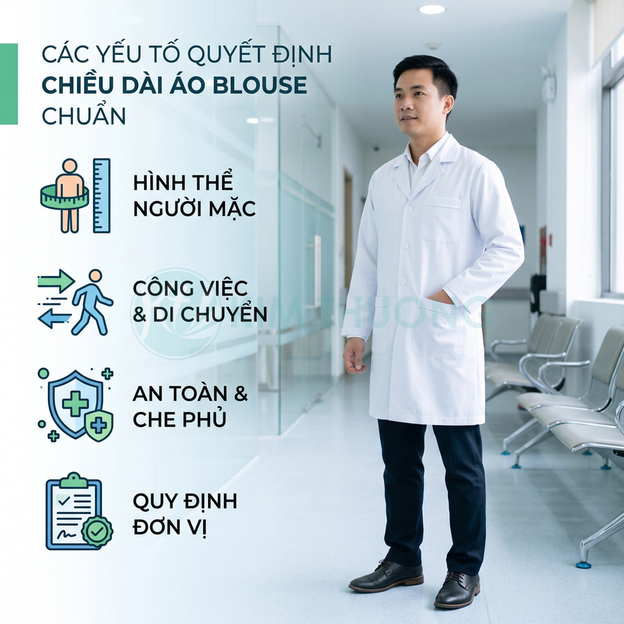 Bác sĩ nam mặc áo blouse trắng dài đứng trong hành lang bệnh viện, minh họa các yếu tố chọn chiều dài áo