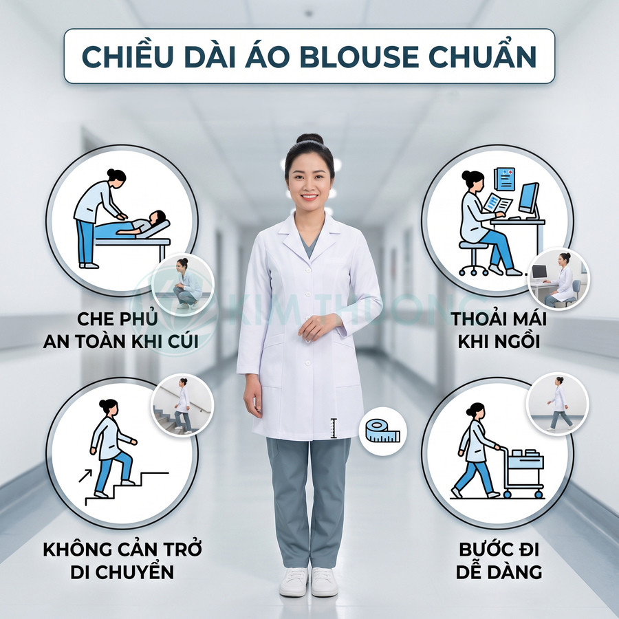 Áo blouse trắng nữ dáng dài chuẩn cho bác sĩ, che phủ tốt khi cúi, thoải mái khi ngồi và di chuyển trong bệnh viện