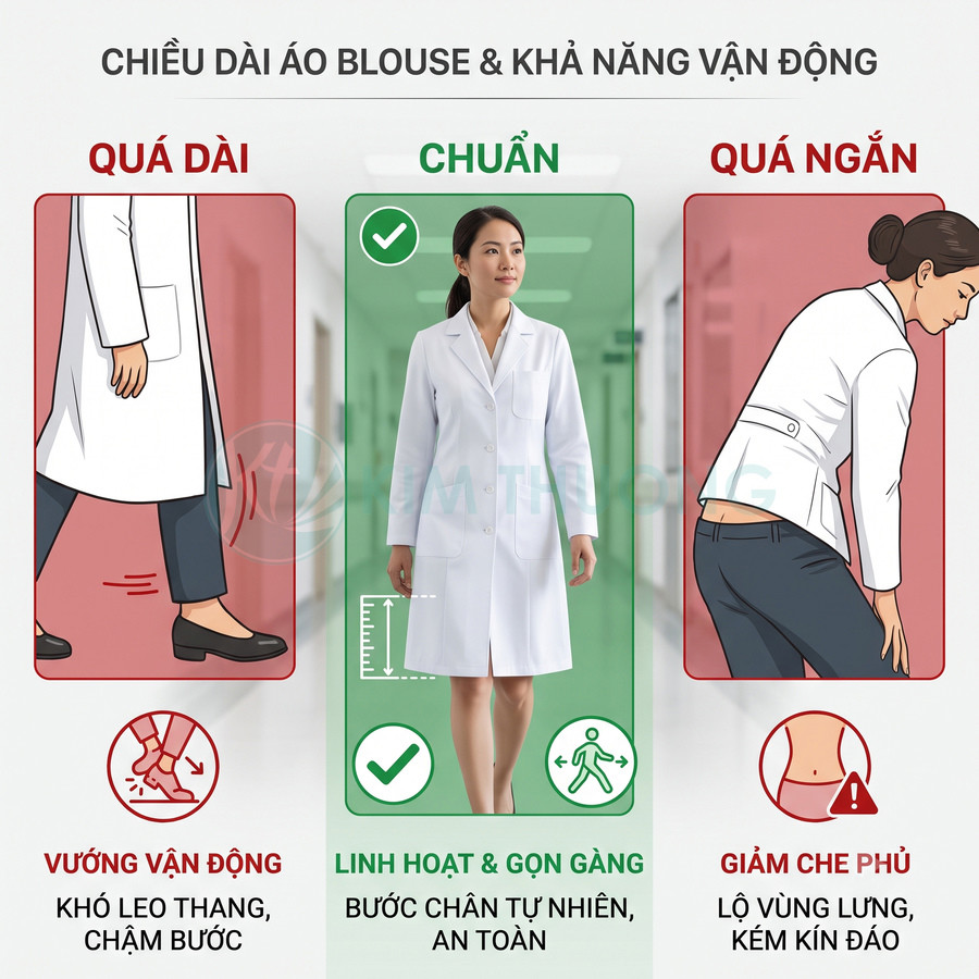 So sánh độ dài áo blouse bác sĩ quá dài, chuẩn và quá ngắn ảnh hưởng đến khả năng vận động