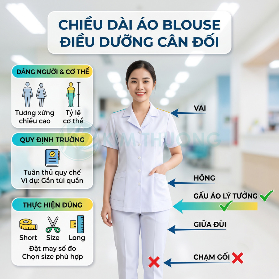 Áo blouse điều dưỡng nữ màu trắng dáng đứng, tay ngắn, hai túi trước, chiều dài gấu áo cân đối