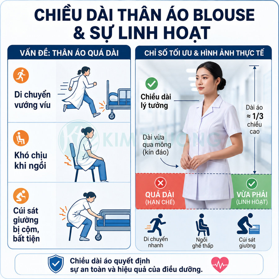 Điều dưỡng mặc áo blouse trắng dáng ngắn vừa qua mông, minh họa chiều dài áo tối ưu khi làm việc