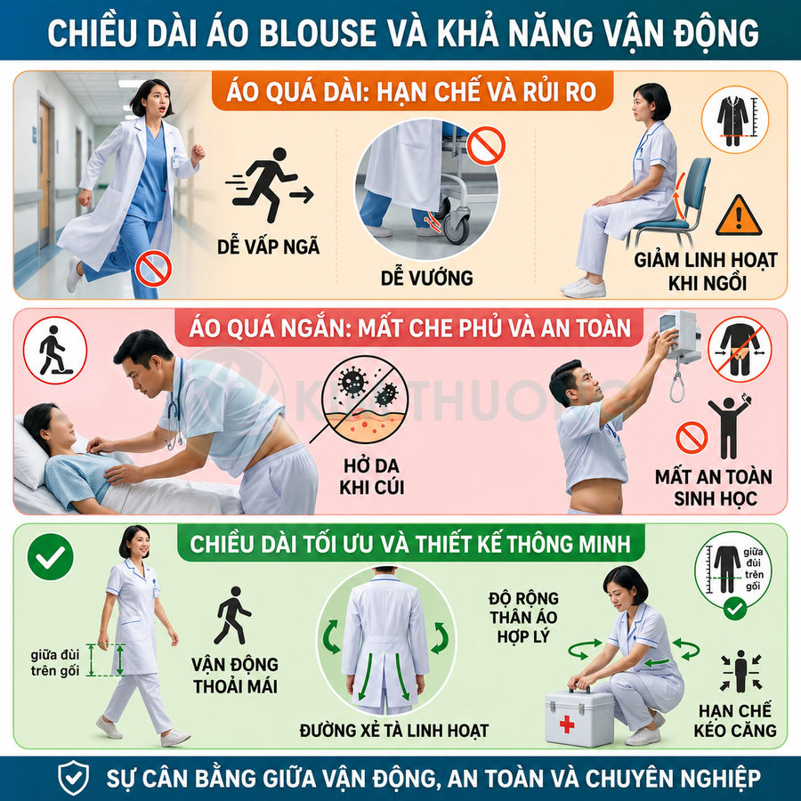Infographic so sánh áo blouse bác sĩ quá dài, quá ngắn và chiều dài tối ưu giúp vận động an toàn