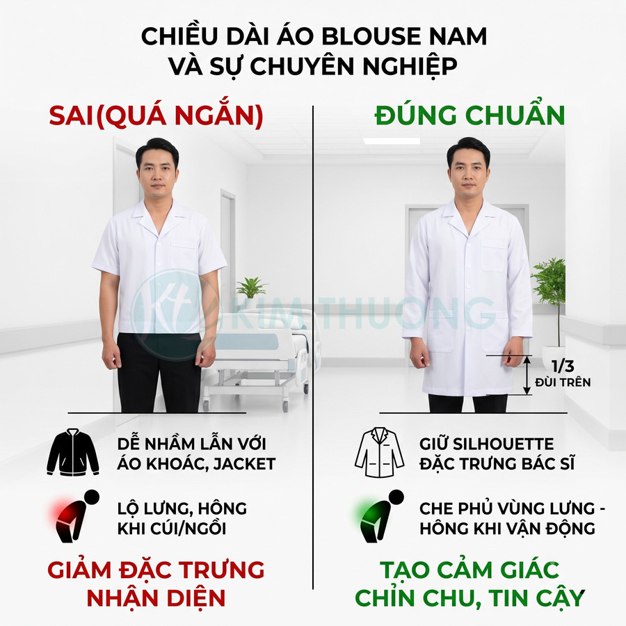 So sánh áo blouse nam quá ngắn và áo blouse nam đúng chuẩn chiều dài trong môi trường bệnh viện