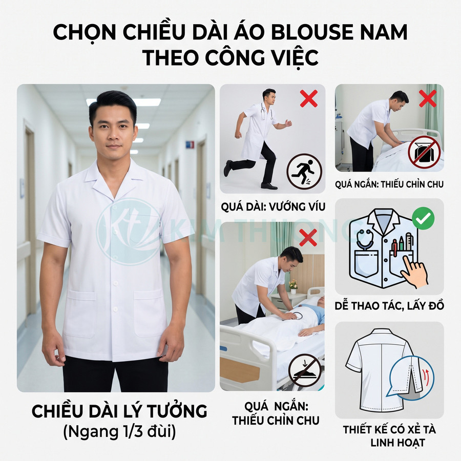 Áo blouse nam tay ngắn màu trắng chiều dài ngang 1 phần 3 đùi, thiết kế xẻ tà linh hoạt cho nhân viên y tế
