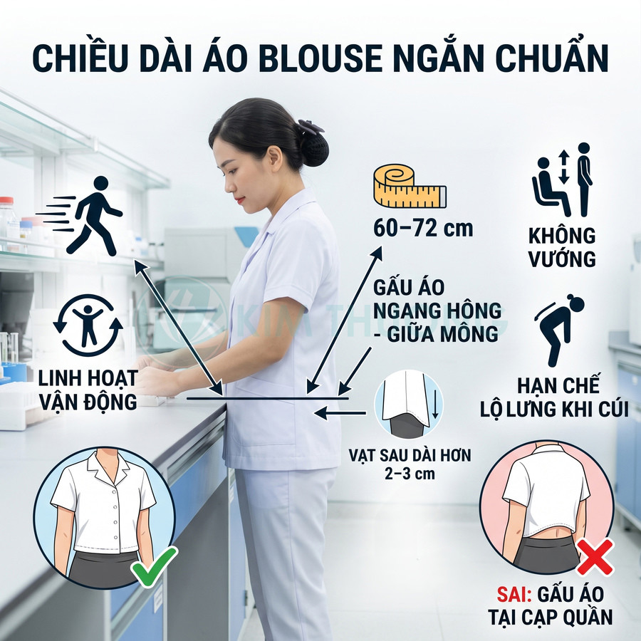 Áo blouse ngắn chuẩn cho nhân viên y tế, dáng suông trắng, chiều dài ngang hông giúp vận động linh hoạt trong phòng lab