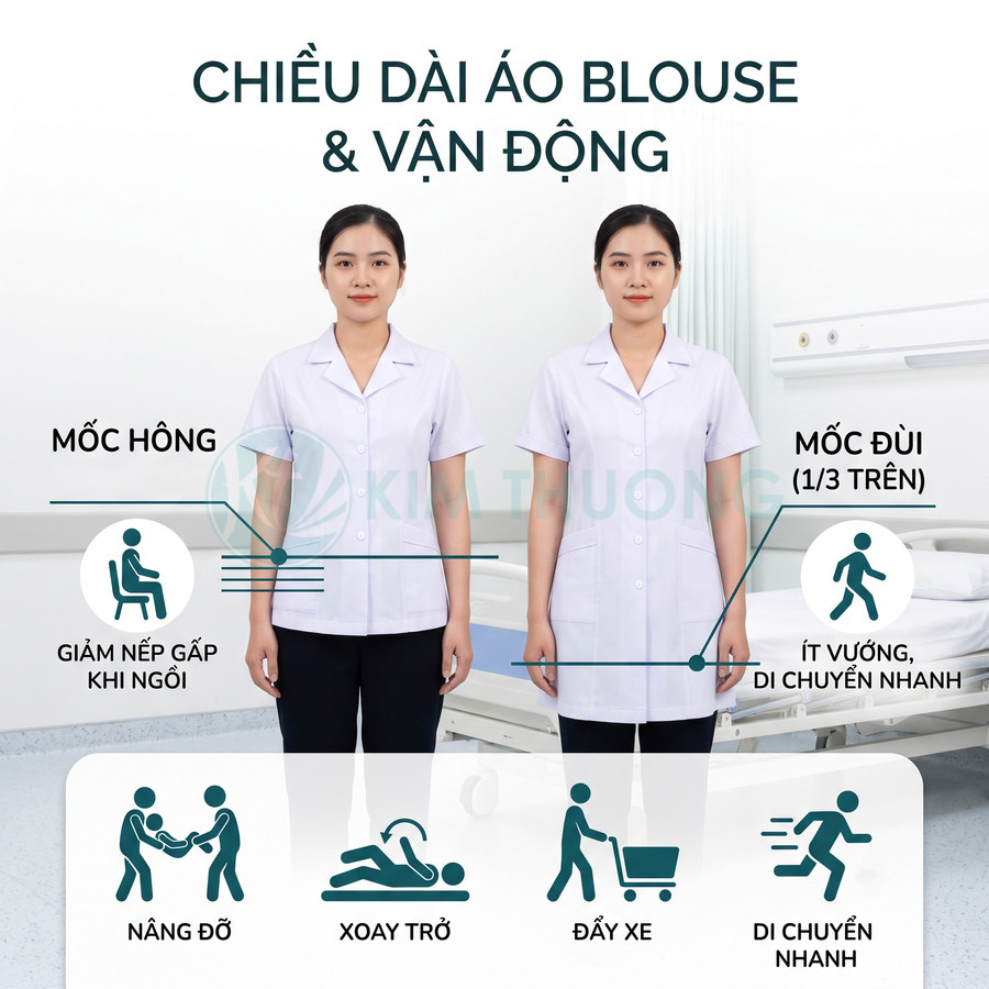 Hai nữ nhân viên y tế mặc áo blouse trắng tay ngắn đứng trong phòng bệnh viện