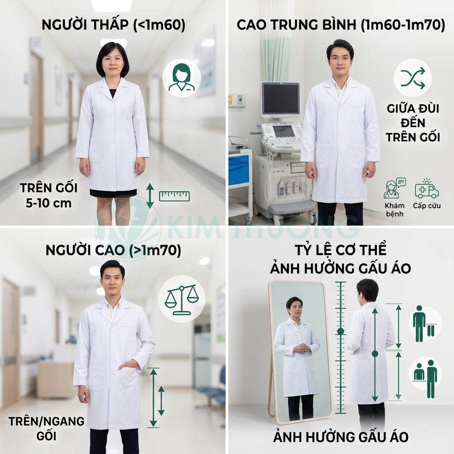Bác sĩ mặc áo blouse trắng dài ngắn khác nhau theo chiều cao cơ thể trong bệnh viện