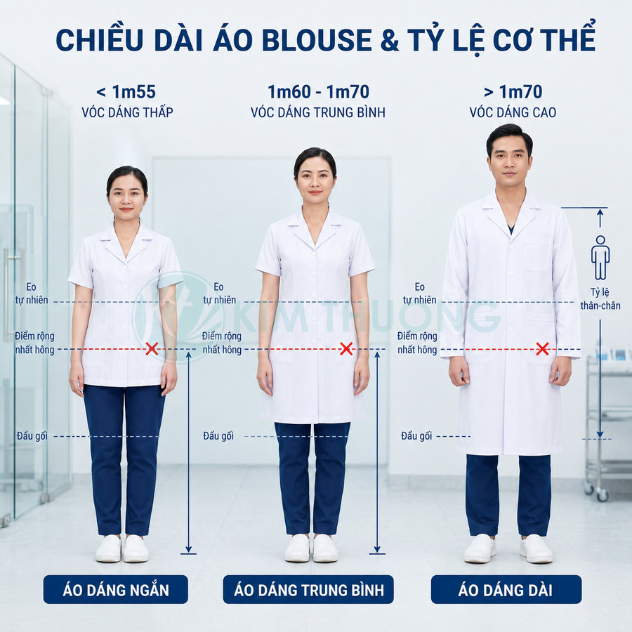 Ba mẫu áo blouse trắng dáng ngắn trung bình dài cho nhân viên y tế với chiều cao khác nhau
