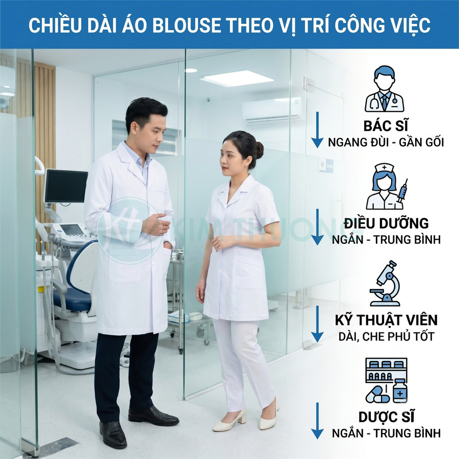 Áo blouse trắng cho bác sĩ và điều dưỡng với các độ dài phù hợp từng vị trí công việc trong bệnh viện