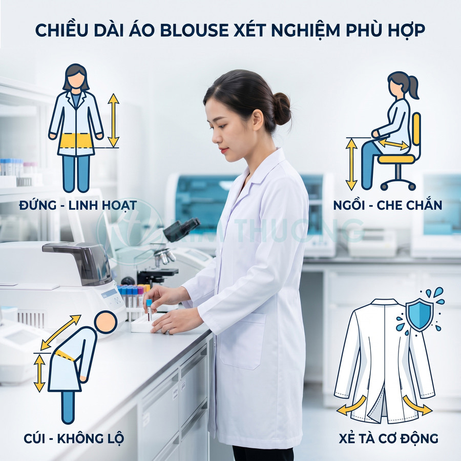 Nữ kỹ thuật viên phòng thí nghiệm mặc áo blouse trắng dài chuẩn, làm việc với thiết bị xét nghiệm trên bàn lab