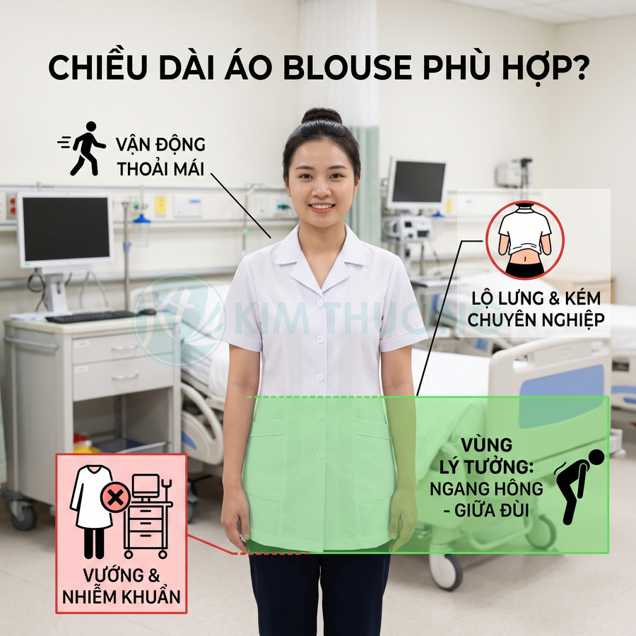 Nữ nhân viên y tế mặc áo blouse trắng dáng dài ngang hông giữa đùi trong phòng bệnh viện
