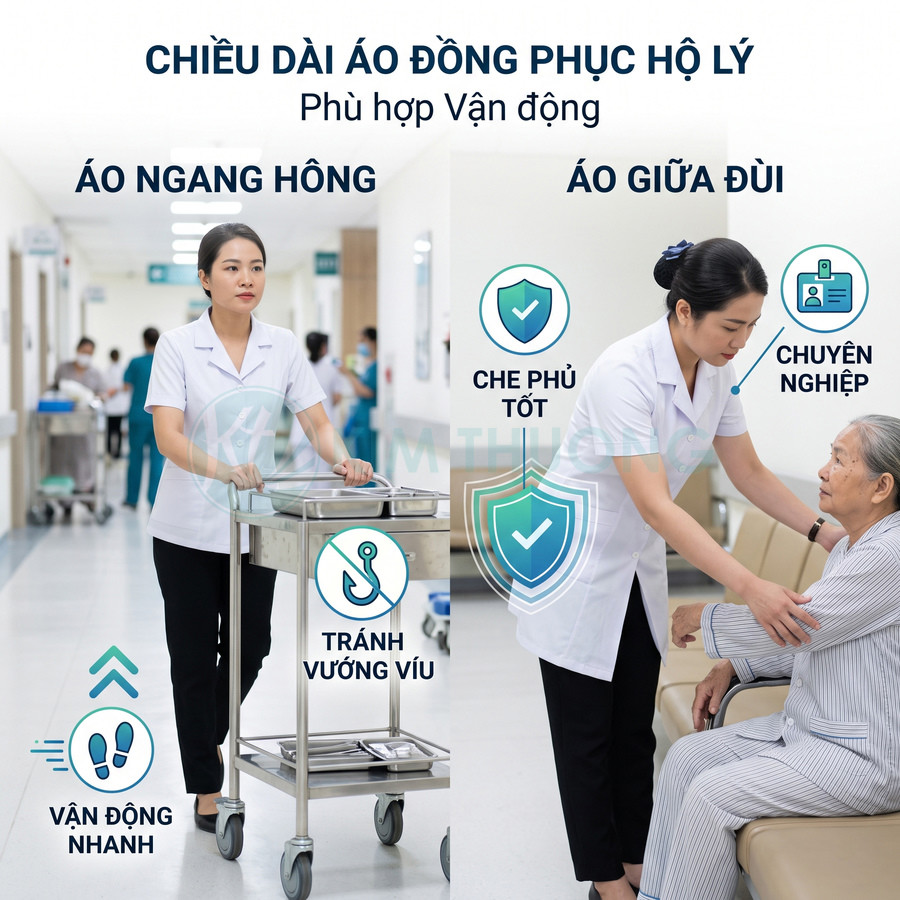 Đồng phục hộ lý nữ màu trắng tay ngắn, dáng ngang hông và giữa đùi, phù hợp vận động trong bệnh viện