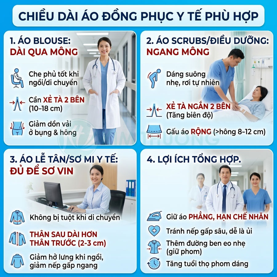 Hướng dẫn chọn chiều dài áo blouse, áo scrubs và sơ mi lễ tân cho đồng phục y tế chuyên nghiệp