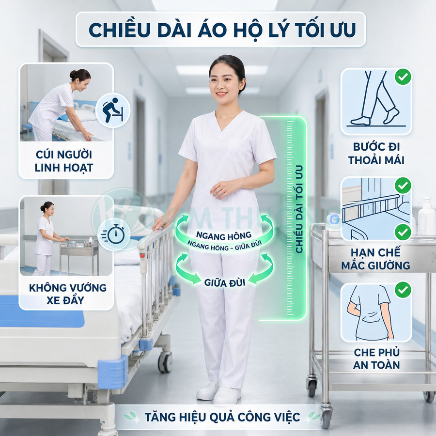 Đồng phục áo quần hộ lý màu trắng dáng dài tối ưu, giúp di chuyển thoải mái và làm việc linh hoạt trong bệnh viện