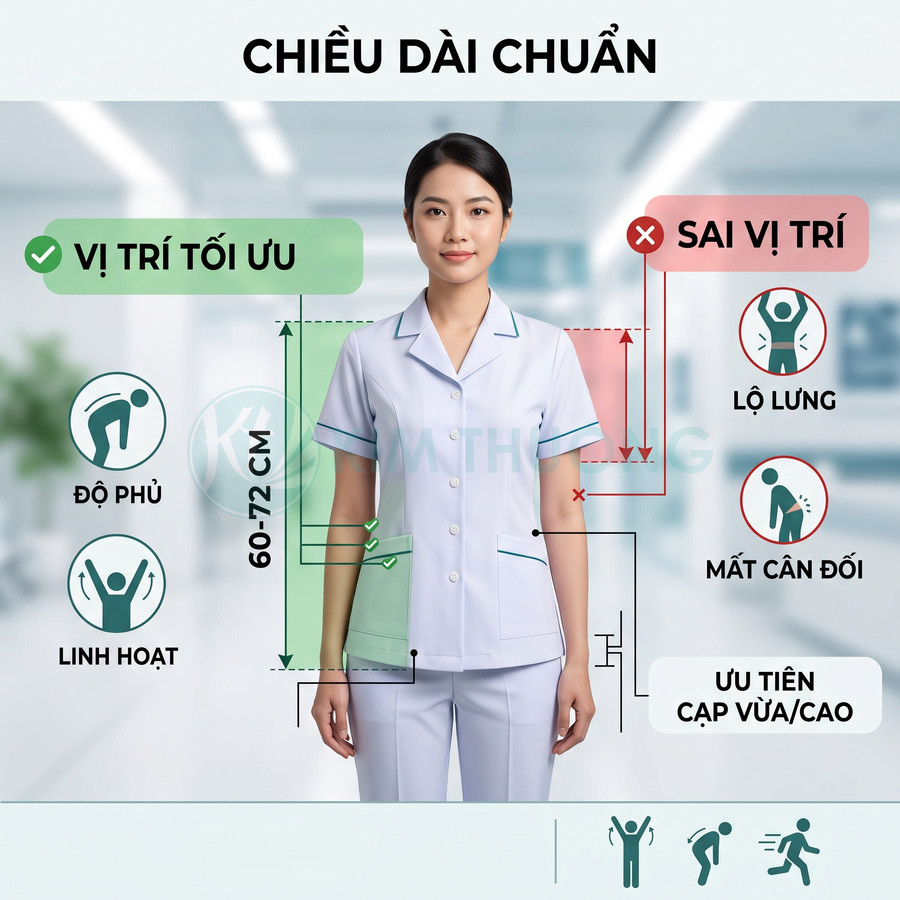 Đồng phục y tá nữ màu trắng tay ngắn form vừa vặn, chiều dài áo chuẩn giúp che phủ lưng và vận động linh hoạt