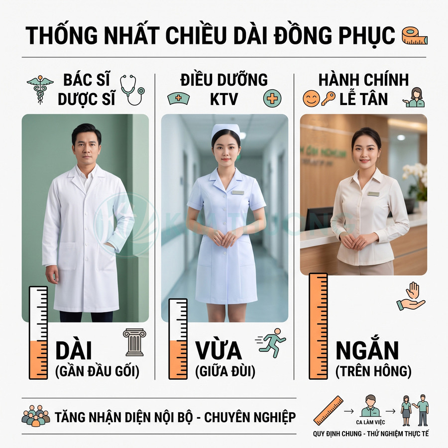 Quy định chiều dài đồng phục bác sĩ áo choàng dài, điều dưỡng váy vừa đùi, lễ tân áo sơ mi ngắn trên hông