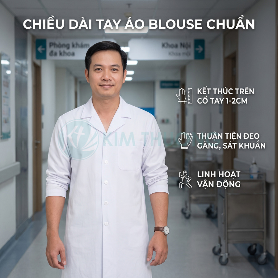 Bác sĩ nam mặc áo blouse trắng tay dài chuẩn trong hành lang bệnh viện