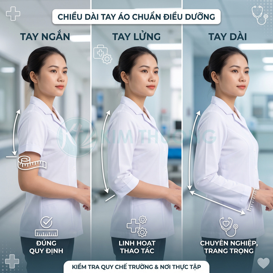 So sánh áo điều dưỡng tay ngắn, tay lửng và tay dài màu trắng cho nữ trong bệnh viện