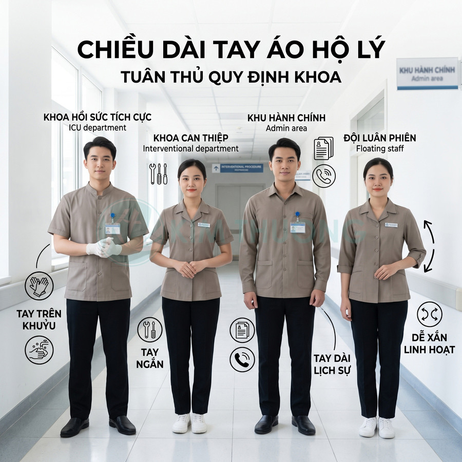 Nhân viên y tế mặc đồng phục hộ lý tay ngắn và tay dài màu nâu trong hành lang bệnh viện