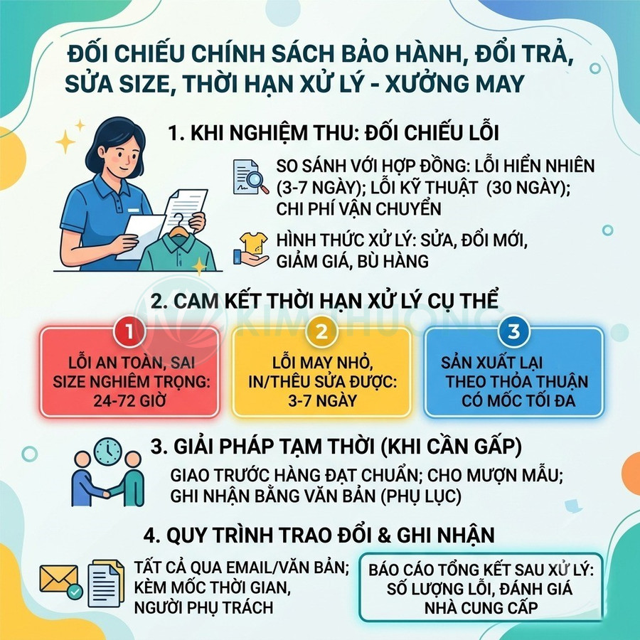 Chính sách bảo hành đổi trả sửa size và thời hạn xử lý lỗi sản phẩm tại xưởng may
