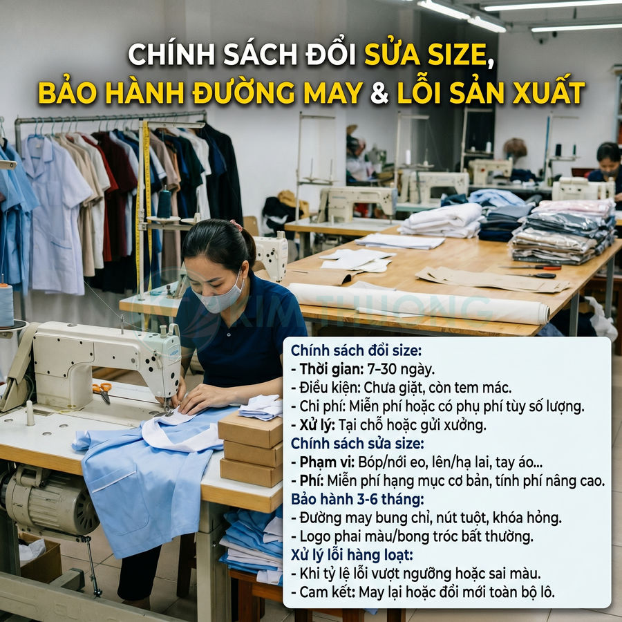 Xưởng may đồng phục với thợ may đang chỉnh sửa áo sơ mi và bảng chính sách đổi size, bảo hành sản phẩm