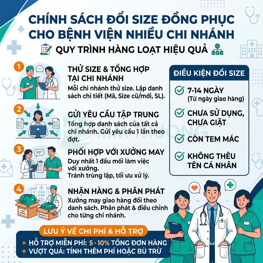 Chính sách đổi size đồng phục y tế cho bệnh viện nhiều chi nhánh với quy trình và điều kiện chi tiết