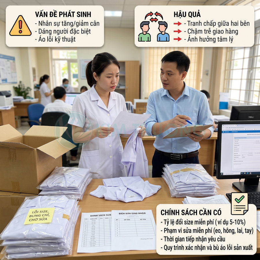 Nhân viên kiểm tra size áo đồng phục y tế trắng trên bàn làm việc với danh sách giao nhận và chính sách đổi trả