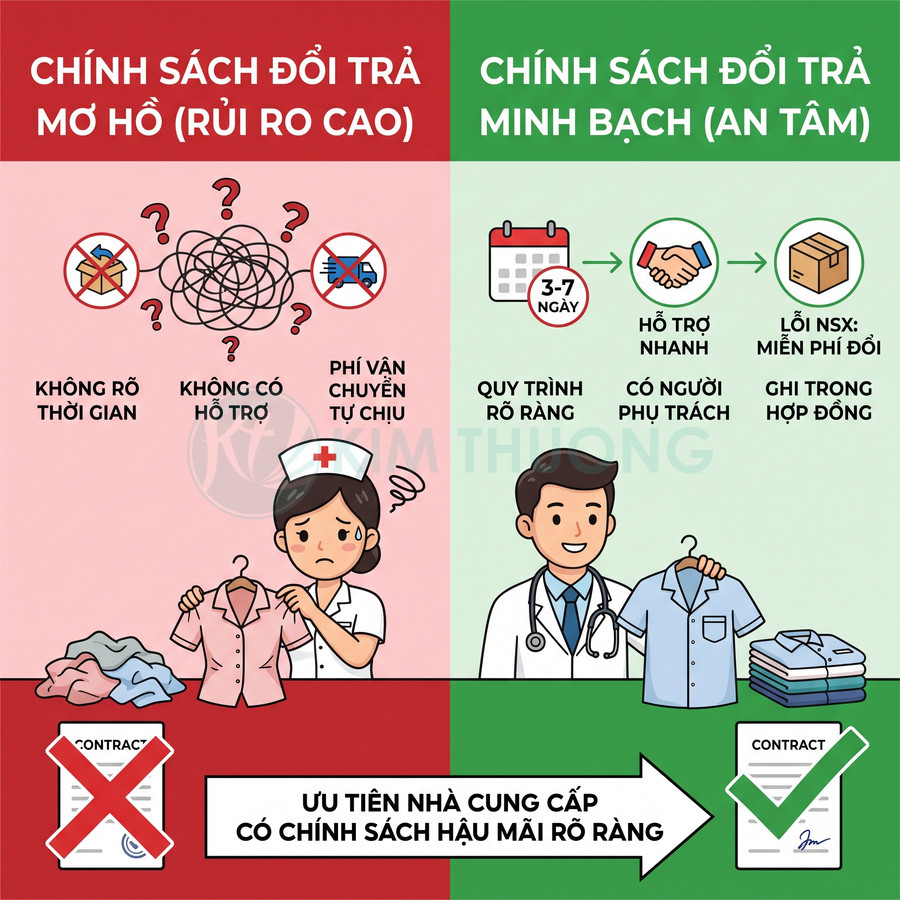 So sánh chính sách đổi trả quần áo mơ hồ, rủi ro cao với chính sách minh bạch, có hỗ trợ nhanh và ghi rõ trong hợp đồng