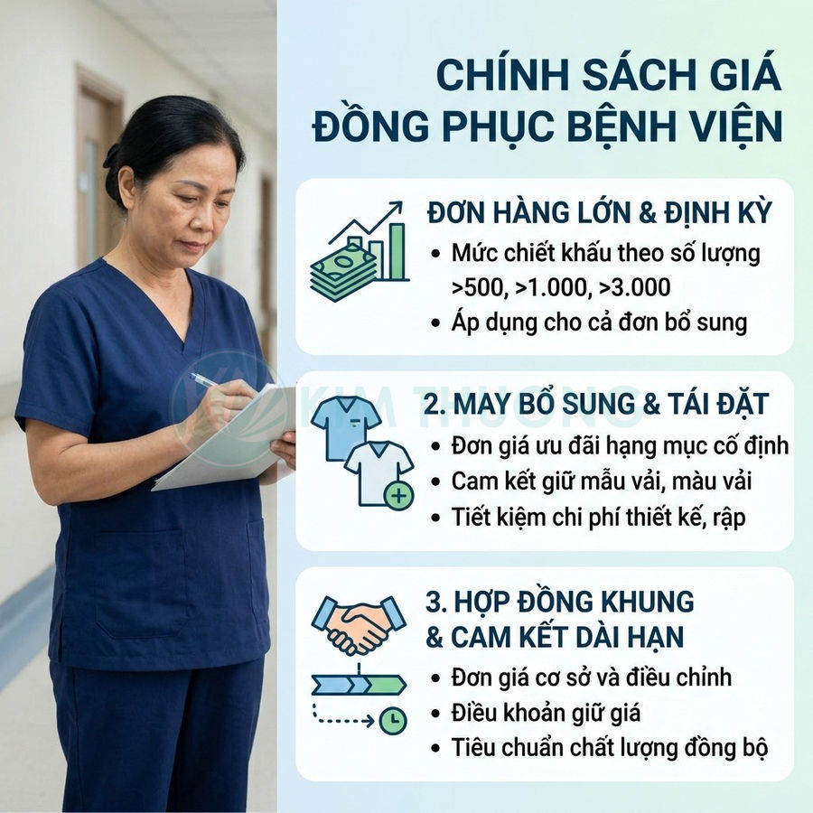 Nhân viên y tế mặc đồng phục bệnh viện màu xanh navy đứng ghi chép cạnh bảng chính sách giá đồng phục