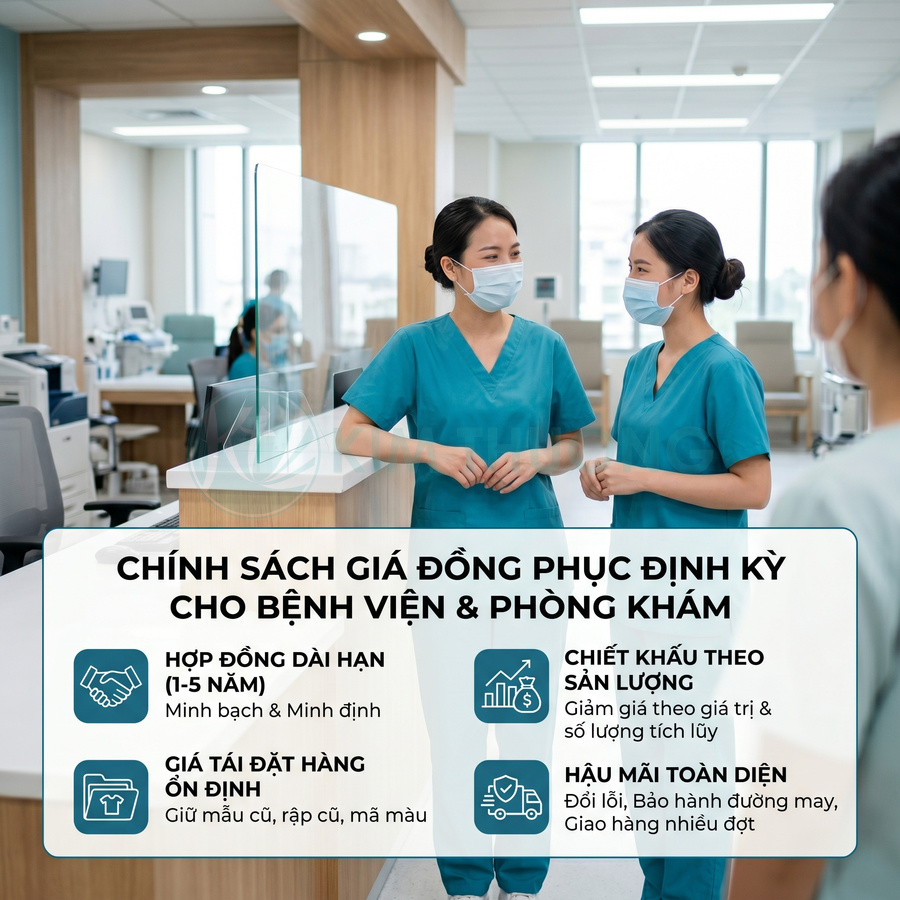 Nhân viên y tế mặc đồng phục bệnh viện màu xanh dương tư vấn chính sách giá đồng phục định kỳ