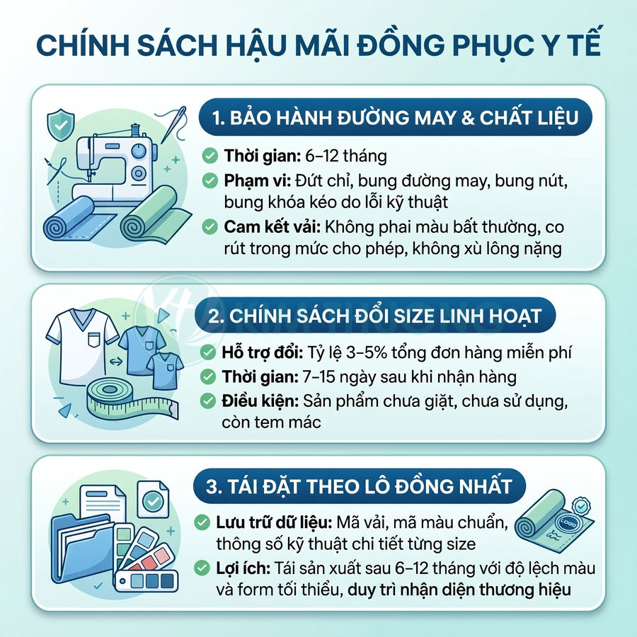 Chính sách hậu mãi đồng phục y tế với bảo hành đường may, đổi size linh hoạt và tái đặt theo lô đồng nhất