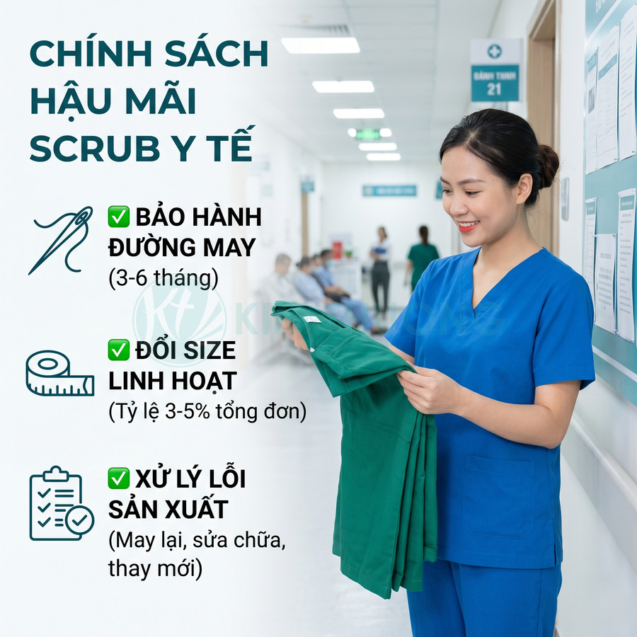 Nhân viên y tế mặc scrub xanh dương cầm bộ scrub y tế màu xanh lá trong hành lang bệnh viện