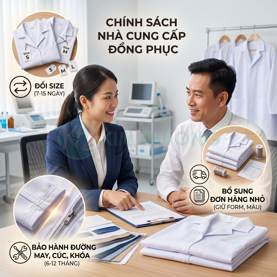 Tư vấn chính sách cung cấp đồng phục y tế, áo blouse trắng gấp gọn trên bàn cùng bảng màu vải